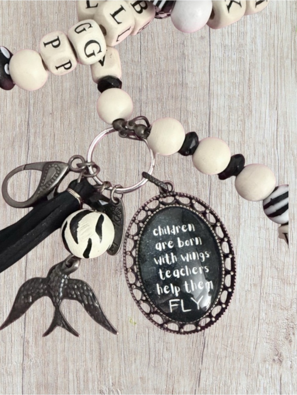 Plunder Design Teacher Charm Black & Cream Lanyard - Appreciation Gift